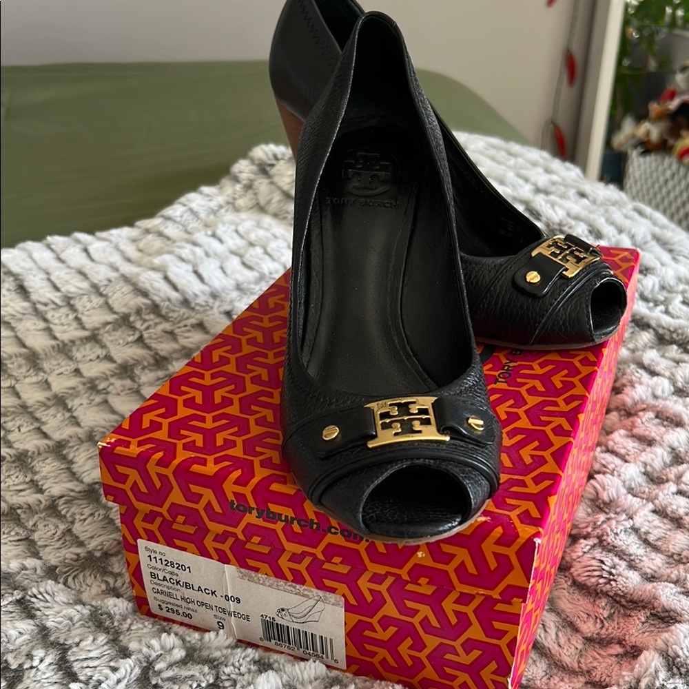 Tory Burch Black Wedge Peep-Toe Shoes with Gold Accent